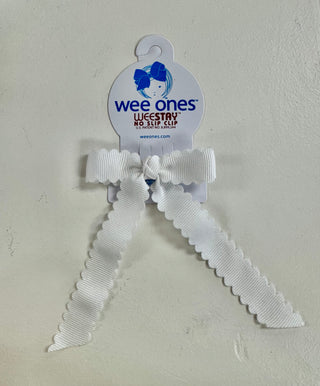 Wee Ones Tiny Grosgrain Bowtie with Scalloped Edge, Knot Wrap, and Streamer Tails - White
