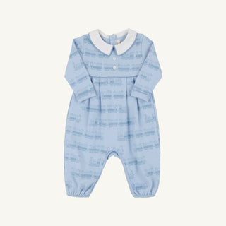 The Beaufort Bonnet Company Long Sleeve Bradford Romper - Blue Choo Choos with Worth Avenue White