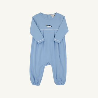 The Beaufort Bonnet Company Long Sleeve Bradford Romper - Sarasota Sky & Worth Avenue White with Duck Embroidery
