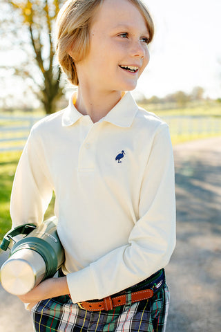 The Beaufort Bonnet Company- Prim & Proper Long Sleeve Polo Palmetto Pearl with Nantucket Navy Stork