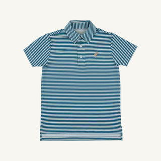 The Beaufort Bonnet Company Prepletic™ Prim & Proper Polo - Sumner County Stripe (Barnsley Blue) with Keeneland Khaki Stork