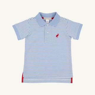 The Beaufort Bonnet Company Prim & Proper Polo & Onesie- Beale Street Blue Stripe with Richmond Red Stork