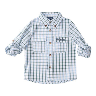 FOUNDERS KIDS FISHING SHIRT IN POSY GREEN POWDER BLUE WINDOWPANE