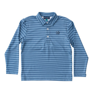 BOYS' LONG SLEEVE PRO PERFORMANCE POLO IN BLUEFIN AND POWDER BLUE STRIPE