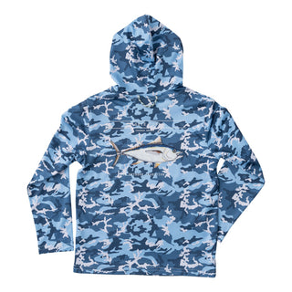 KID'S PRO PERFORMANCE HOODIE FISHING T-SHIRT IN OUT OF SIGHT BLUE CAMO