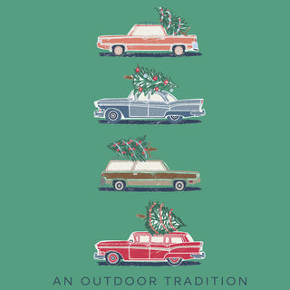 Prodoh Kid's Long Sleeve Cotton T-Shirt in Holiday Green with Vintage Cars and Christmas Tree
