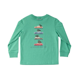 Prodoh Kid's Long Sleeve Cotton T-Shirt in Holiday Green with Vintage Cars and Christmas Tree