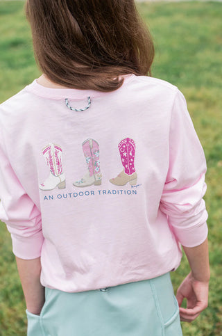 Prodoh Girls Long Sleeve Cotton T-Shirt in Pink with Cowgirl Boots