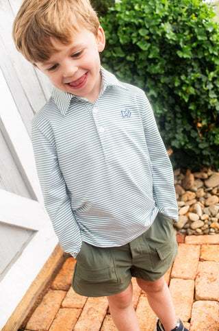 Prodoh Boy's Long Sleeve Pro Performance Polo in Green Spruce Stripe