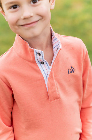 Prodoh Boy's Sporty Snap Pullover in Crabapple Orange and Plaid Liner