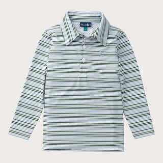 Prodoh Boys' Long Sleeve Performance Polo - Arona Blue and Camping Green Stripe