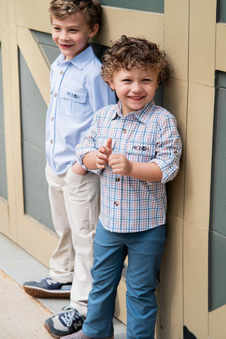 Prodoh Boys' Long Sleeve Founders Kids Fishing Shirt - Sullivans Island Arona Blue Plaid