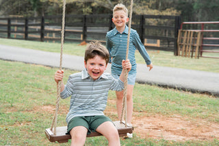 Prodoh Boys' Long Sleeve Performance Polo - Arona Blue and Camping Green Stripe