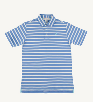 Beaufort Bonnet Company - Prim & Proper Polo & Onesie - Barbados Blue Stripe with Belhaven Blue Stork