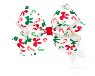Wee Ones Medium Christmas Print Grosgrain Hair Bow- Candy Cane