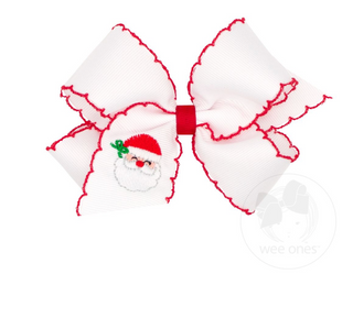 Medium Hair Bow with Moonstitch Edge and Christmas Embroidery- Santa