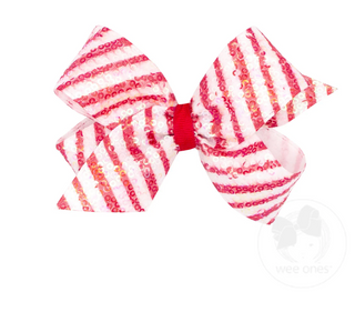 Wee Ones Medium Stripe Print Sequin Hair Bow- Red with White