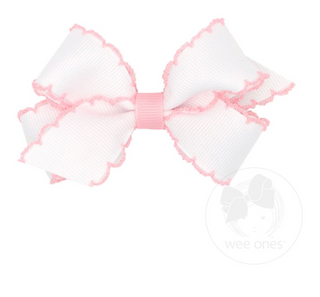 Wee Ones Mini Moonstitch Grosgrain Hair Bow with Contrasting Wrap- White with Light Pink