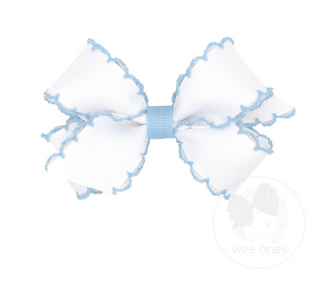Wee Ones Mini Moonstitch Grosgrain Hair Bow with Contrasting Wrap- White with Blue