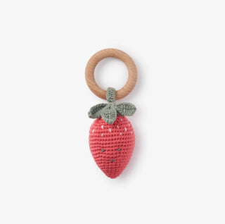 Elegant Baby Strawberry Wood Ring Rattle Hand Crocheted