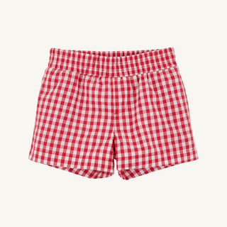 The Beaufort Bonnet Company Sheffield Shorts - Richmond Red Gingham with Belhaven Blue Stork
