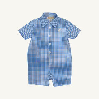 The Beaufort Bonnet Sir Proper's Romper- Sunrise Blvd. Blue Mini Gingham with Worth Avenue White