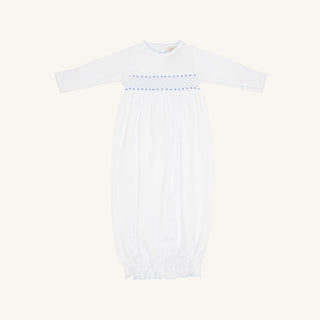 The Beaufort Bonnet Company Sweetly Smocked Greeting Gown - Worth Avenue White with Buckhead Blue