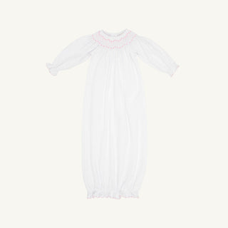 The Beaufort Bonnet Company Sweetly Smocked Greeting Gown - Worth Avenue White with Palm Beach Pink