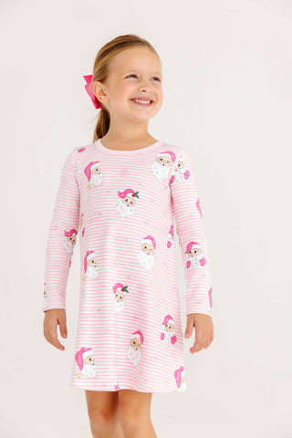 The Beaufort Bonnet Company Long Sleeve Polly Play Dress - Dear Santa (Palm Beach Pink Stripe) with Palm Beach Pink