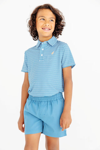 The Beaufort Bonnet Company Prepletic™ Prim & Proper Polo - Sumner County Stripe (Barnsley Blue) with Keeneland Khaki Stork