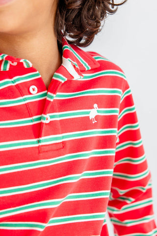The Beaufort Bonnet Company Long Sleeve Prim & Proper Polo - Richmond Red, Kiawah Kelly Green & Palmetto Pearl Stripe