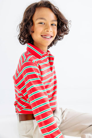 The Beaufort Bonnet Company Long Sleeve Prim & Proper Polo - Richmond Red, Kiawah Kelly Green & Palmetto Pearl Stripe
