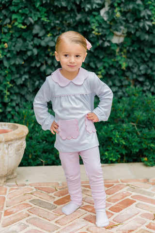 The Proper Peony Long Sleeve Scallop Tunic Set - Light Blue Stripe