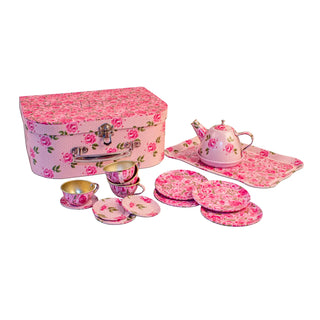 Tea Set in Suitcase with Pink Flower Motives