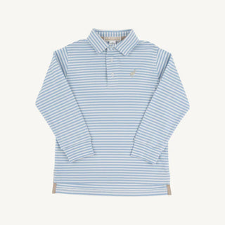 Beaufort Bonnet Long Sleeve Prim and Proper Polo in Barrington Blue Stripe with Keeneland Khaki Stork