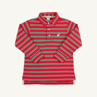 The Beaufort Bonnet Company Long Sleeve Prim & Proper Polo - Richmond Red, Kiawah Kelly Green & Palmetto Pearl Stripe