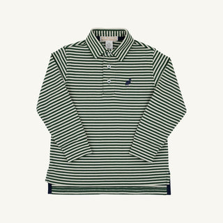 The Beaufort Bonnet Company Long Sleeve Prim & Proper Polo - Grier Green & Palmetto Pearl Stripe with Nantucket Navy Stork
