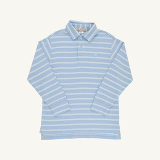 The Beaufort Bonnet Company Long Sleeve Prim & Proper Polo - Sarasota Sky, Old Greenwich Green and Worth Avenue White Stripe