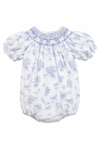 Sweet Dreams Girl Smocked Bubble - Evelyn White/Blue Floral Print with Bow
