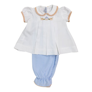 White/Blue Gingham Pumpkin Emblem Pants Set