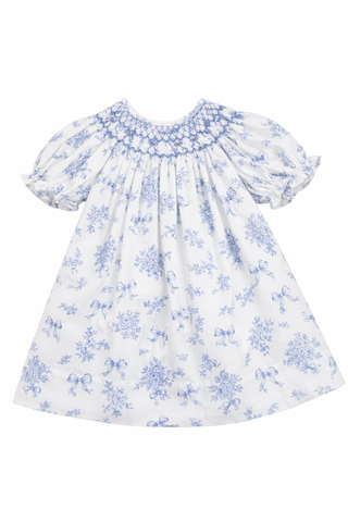 Sweet Dreams Girls Smocked Dress - Evelyn White/Blue Floral Print with Bow