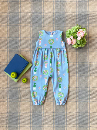 Beaufort Bonnet Sleeveless Rebecca Romper in Topiaries and Tangerines in Barrington Blue