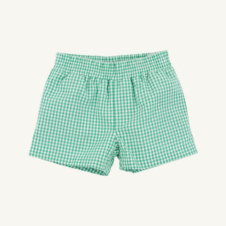 The Beaufort Bonnet Company Sheffield Shorts - Gibson Island Green Mini Gingham with Multicolor Stork