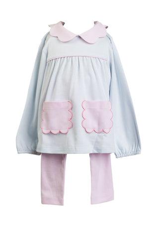 The Proper Peony Long Sleeve Scallop Tunic Set - Light Blue Stripe