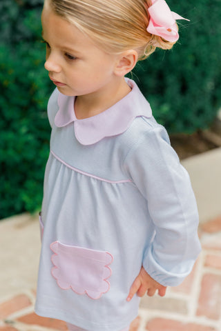 The Proper Peony Long Sleeve Scallop Tunic Set - Light Blue Stripe